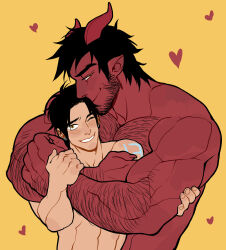 Rule 34 | 2boys, abs, arm hair, bara, beard, black hair, blush, chest hair, colored skin, demon, demon horns, dominique (the devil and s-13), ear piercing, facial hair, hand on another&#039;s arm, heart, highres, horns, hug, looking at another, male focus, multiple boys, muscular, muscular male, piercing, red skin, short hair, sideburns, simple background, smile, steen (the devil and s-13), suyohara, teeth, the devil and s-13, upper body, yaoi, yellow background, yellow eyes