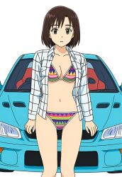 1girl bottomless breasts brown_eyes brown_hair buttons car comic cover cover_page day dress_shirt fanart_digital highres initial_d lips lipstick looking_at_viewer makeup manga_cover medium_breasts motor_vehicle navel open_clothes open_mouth open_shirt outdoors plaid_clothes plaid_shirt pocket red_lips right-hand_drive shirt short_hair sky smile solo standing subaru subaru_(brand) subaru_impreza swept_bangs swimsuit uehara_mika