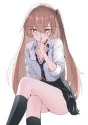 1girl black_skirt black_socks breast_pocket brown_hair closed_mouth collared_shirt commentary e20_(79324944) finger_to_mouth girls&#039;_frontline girls&#039;_frontline_2:_exilium green_pupils highres leva_(girls&#039;_frontline_2) long_hair looking_at_viewer loose_necktie necktie one_side_up pleated_skirt pocket scar scar_across_eye scar_on_face shirt shushing simple_background sitting skirt smile socks solo striped_necktie ump45_(girls&#039;_frontline) white_background white_shirt yellow_eyes