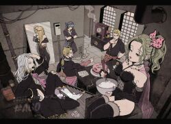 alternate_costume blonde_hair bowl breasts cake celes_chere edgar_roni_figaro final_fantasy final_fantasy_vi food gloves green_hair grey_hair lace lace-trimmed_gloves lace-trimmed_leotard lace-trimmed_thighhighs lace_trim leotard locke_cole sabin_rene_figaro setzer_gabbiani sharp_na_ago sitting thighhighs tina_branford whisk whisking