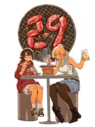 Rule 34 | 2girls, absurdres, andranof pepesha, bare arms, bare shoulders, beer mug, blonde hair, blush, brown hair, brown pantyhose, bukimi isan, chair, cup, eating, food, glass, highres, holding, holding cup, hood, hood down, hoodie, long hair, meat, momijiyama teru, mug, multiple girls, pantyhose, pleated skirt, ponytail, red hoodie, shoes, shy (series), sitting, skirt, smile, socks, table, white background, white skirt