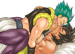 2boys abs back bed bed_sheet between_legs black_hair black_vest blue_hair blue_sash blush broly_(dragon_ball_super) closed_eyes curtained_hair dark-skinned_male dark_skin dragon_ball dragon_ball_super dragon_ball_super_broly facial_scar from_side fur_(clothing) gogeta green_fur hair_between_eyes hand_on_another&#039;s_back hand_on_another&#039;s_cheek hand_on_another&#039;s_face implied_kiss kiss knees_up loose_hair_strand lying male_focus medium_hair metamoran_vest multiple_boys muscular muscular_male on_back pants purple_pants sash scar scar_on_arm scar_on_cheek scar_on_chest scar_on_face short_hair sleeveless spiked_hair topless_male vest white_background white_pants wristband yaoi