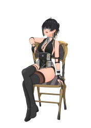 1girl absurdres bare_shoulders bell_(only-id_228) black_boots black_dress black_gloves black_hair black_thighhighs boots commentary_request cross-laced_clothes cross-laced_dress crossed_legs dress earrings elbow_pads eye_mask female_rover_(wuthering_waves) gloves hair_ribbon highres jewelry open_mouth partially_fingerless_gloves ribbon rover_(wuthering_waves) simple_background sitting sleep_mask solo thigh_boots thighhighs thighhighs_under_boots thighs triangle_earrings white_background wuthering_waves yellow_ribbon