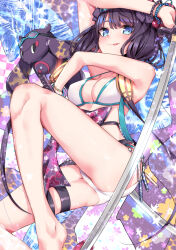 1girl arm_up bare_shoulders barefoot bead_bracelet beads bikini blue_eyes blush bracelet breasts cleavage commentary_request eyewear_on_head fate/grand_order fate_(series) holding holding_sword holding_weapon jewelry katsushika_hokusai_(fate) legs looking_at_viewer medium_breasts octopus purple_hair sahara386 smile solo_focus swimsuit sword thighs tokitarou_(fate) tongue tongue_out weapon white_bikini