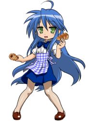 00s 1girl ahoge apron bandabekken blouse blue_bow blue_bowtie blue_hair bow bowtie brown_pantyhose brown_shoes chocolate_cornet female_focus food gingham_apron green_eyes izumi_konata kobeya_uniform long_hair lucky_star mole mole_under_eye pantyhose plaid_apron plaid_clothes shirt shoes simple_background solo very_long_hair waitress white_background white_shirt