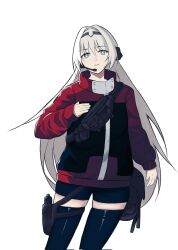 1girl an-94_(girls&#039;_frontline) aqua_eyes black_hairband black_shorts blonde_hair girls&#039;_frontline gun hairband handgun highres jacket long_hair long_sleeves red_jacket short_shorts shorts simple_background solo vasant_(mskyreach) weapon white_background