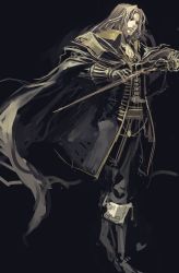 1boy alucard_(castlevania) bishounen boots cape castlevania:_symphony_of_the_night castlevania_(series) dhampir gloves half-human junny konami long_hair male_focus silver_hair solo sword undead vampire very_long_hair weapon
