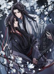 2boys bishounen black_hair black_hanfu blurry branch carrying chinese_clothes closed_eyes closed_mouth coat coat_partially_removed crying depth_of_field falling_petals flower flute flute_tassel grey_coat hair_down hair_ribbon half_updo hanfu headband highres holding holding_flute holding_instrument instrument lan_wangji long_hair long_sleeves looking_at_another male_focus modao_zushi multiple_boys night off_shoulder official_alternate_costume official_alternate_hairstyle parted_lips petals princess_carry red_ribbon ribbon robe sash semiusa1010 sidelocks standing tassel topknot twitter_username watermark wei_wuxian wei_wuxian_(yiling_laozu) white_flower white_hanfu white_headband wide_sleeves xiao_guan_(headdress) yaoi yellow_eyes