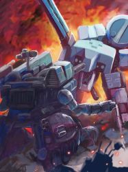 absurdres battle cannon crossover directed-energy_weapon electricity embers energy energy_cannon energy_weapon explosion fire free-electron_laser_cannon gunhed highres konami laser_cannon magnetic_weapon mbr-5ra2c_gunhed mecha metal_gear_(robot) metal_gear_(series) metal_gear_rex metal_gear_solid no_humans phlogiston_drow railgun robot science_fiction toho walker_(robot) weapon wreckage