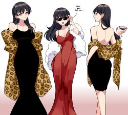 Rule 34 | 1girl, absurdres, alternate universe, animal print, arms behind back, backless dress, backless outfit, bare shoulders, black dress, black hair, breasts, brown eyes, cleavage, closed mouth, cocktail glass, cup, dress, drink, drinking glass, english text, feet out of frame, fingernails, hair over shoulder, highres, higurashi kagome, holding, holding drink, inuyasha, leopard print, long dress, long fingernails, long hair, medium breasts, multiple views, open mouth, print shawl, red dress, sleeveless, sleeveless dress, solo, sunglasses, tiroma, white fur