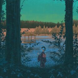 1girl black_hair black_kimono blue_flower bug firefly flower from_side gensuke_(ryun) green_sky hair_flower hair_ornament highres insect japanese_clothes kimono obi original outdoors sash scenery sky solo standing tree
