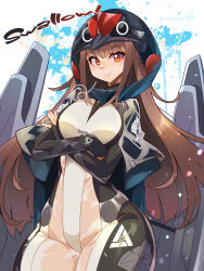 1girl animal_helmet black_helmet black_sleeves blush bodysuit breasts brown_hair crossed_arms english_text groin hair_intakes headgear helmet highres jetpack last_origin light_particles long_hair looking_at_viewer medium_breasts pixiv_id red_eyes see-through_bodysuit see-through_clothes signature skin_tight sleipnir_(last_origin) smile solo splatter_background thrusters tongue twitter_username umigarasu_(kitsune1963) very_long_hair wide_hips