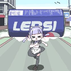 &gt;_&lt; 1girl animal_ears apron black_shoes black_thighhighs blunt_bangs bow bowtie brand_name_imitation cat_ears fanged_bangs flat_chest jaggy_lines loafers lokulo-chan_(lokulo_no_mawashimono) lokulo_no_mawashimono loli low_twintails lowres maid_apron navel oekaki open_mouth original outdoors parody pepsi pepsiman_(game) purple_bow purple_bowtie purple_hair revealing_clothes running shoes skirt solo thighhighs twintails