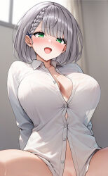Rule 34 | 1girl, absurdres, blush, braid, breasts, button gap, collarbone, collared shirt, green eyes, grey hair, hair ornament, hairclip, highres, hololive, large breasts, long sleeves, medium hair, naked shirt, open mouth, otokucha, see-through silhouette, shirogane noel, shirt, smile, solo, spread legs, sweat, teeth, thighs, upper teeth only, virtual youtuber, white shirt