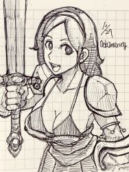 1girl armor artist_name athena_(series) bikini breasts cleavage highres large_breasts long_hair looking_at_viewer monochrome navel open_mouth princess_athena shield smile snk swimsuit weapon