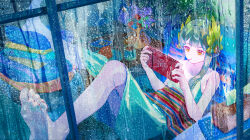 1girl absurdres alternate_costume arknights blonde_hair casual dress hair_ornament handheld_game_console highres holding holding_handheld_game_console long_hair lyuqiu mouth_hold muelsyse_(arknights) rain scenery solo summer white_dress window
