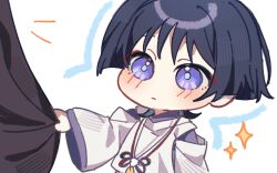 Rule 34 | 1boy, absurdres, black hair, blunt ends, blush, chibi, closed mouth, clothes grab, clothing cutout, eyeliner, eyeshadow, feathers, genshin impact, grey pupils, hand up, highres, jairosan, japanese clothes, kariginu, kimono, long sleeves, looking at viewer, makeup, male focus, notice lines, pom pom (clothes), purple eyes, purple kimono, purple sleeves, red eyeliner, red eyeshadow, scaramouche (genshin impact), scaramouche (kabukimono) (genshin impact), shoulder cutout, sleeve grab, star (symbol), string, tareme, upper body, white background, white sleeves, wide sleeves, wispy bangs, yellow feathers