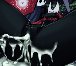 1boy 1girl after_vaginal aftersex anus black_cape black_skin blush boxman cape closed_eyes colored_skin cum cum_in_pussy fertilization heart hetero highres hollow_knight hornet_(hollow_knight) impregnation knight_(hollow_knight) large_penis lying missionary ovum penis pussy red_cape sex size_difference sperm_cell sweat trembling vaginal veins veiny_penis