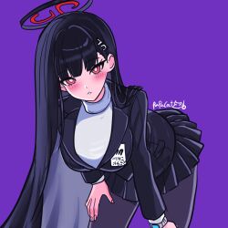 Rule 34 | 1girl, black hair, black jacket, black skirt, blazer, blue archive, breasts, commentary, english commentary, hair ornament, hairclip, halo, highres, jacket, large breasts, long hair, papacat, pleated skirt, purple background, red eyes, ringed eyes, rio (blue archive), simple background, skirt, solo, sweater, turtleneck, turtleneck sweater, very long hair, watch, white sweater, wristwatch