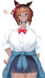 1girl animal_ears black_choker black_skirt blue_jacket blunt_bangs blush bob_cut bow bowtie breasts brown_hair choker closed_mouth clothes_around_waist commentary_request cowboy_shot dark-skinned_female dark_skin gyaru heart highres hisagi_(hisagi00) horse_ears horse_girl huge_breasts jacket jacket_around_waist large_breasts looking_at_viewer multicolored_hair pleated_skirt red_bow red_bowtie red_eyes roots_(hair) short_hair simple_background skirt sleeves_rolled_up smile solo spoken_heart transcend_(umamusume) umamusume watermark white_background