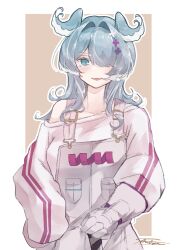 absurdres aqua_eyes blue_hair blush cross-shaped_pupils elira_pendora elira_pendora_(1st_costume) fangs geoff_h2 gloves hair_intakes hair_over_one_eye head_wings highres long_hair looking_at_viewer nijisanji nijisanji_en open_mouth overalls signature single_glove single_off_shoulder single_sleeve_past_fingers symbol-shaped_pupils virtual_youtuber white_overalls wings