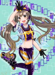 1girl arm_up black_gloves blush breasts brown_eyes brown_hair duel_monster gloves hair_between_eyes headgear highres i:p_masquerena long_hair looking_at_viewer medium_breasts midriff navel open_mouth pants roller_skates see-through_clothes skates smile solo stomach twintails ukyou_kuro yu-gi-oh!