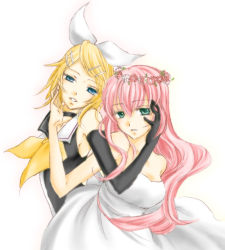 2girls alternate_costume aqua_eyes arm_behind_back bad_id bad_pixiv_id bare_arms bare_shoulders black_neckwear blonde_hair blue_eyes blunt_bangs breasts choker couple dress elbow_gloves female_focus flower formal_clothes gloves hair_between_eyes hair_flower hair_ornament hair_ribbon hairclip hand_on_another&#039;s_cheek hand_on_another&#039;s_face hand_up head_tilt head_wreath just_be_friends_(vocaloid) kagamine_rin long_hair looking_at_viewer medium_breasts megurine_luka meltdown multiple_girls neck parted_lips pink_hair ribbon roshin_yuukai_(vocaloid) sailor_dress short_hair simple_background sleeveless small_breasts smile songover sorano_namida strapless strapless_dress vocaloid white_background white_dress white_ribbon yuri