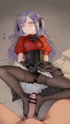 1boy 1girl absurdres ascot bang_dream! bang_dream!_it&#039;s_mygo!!!!! bar_censor black_ascot black_pantyhose black_skirt blue_hair breasts censored commentary_request cum cum_on_clothes footjob full_body hair_ribbon hetero highres long_hair lying medium_breasts on_back pantyhose penis pov red_shirt ribbon shirt skirt solo_focus three_(user_derr2252) togawa_sakiko translation_request two-footed_footjob two_side_up yellow_eyes