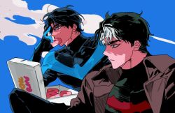 bat_signal batman_(series) batman_symbol black_bodysuit black_gloves black_hair blue_eyes bodysuit brothers brown_jacket dc_comics gloves grey_bodysuit holding ihearsunspot jacket jason_todd male_focus multicolored_hair multiple_boys muscular muscular_male nightwing open_clothes pants red_hood_(dc) red_hood_and_the_outlaws short_hair siblings superhero_costume taut_bodysuit two-tone_bodysuit