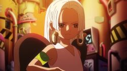animated black_wings dark-skinned_female dark_skin earrings hair_flip jewelry long_hair looking_at_viewer naughty_face one_piece s-snake seraphim_(one_piece) smile smug snake_earrings tagme video white_hair wings