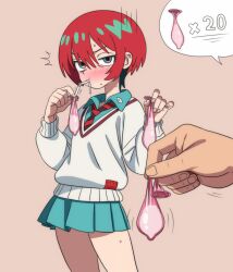 1girl amate_yuzuriha aqua_shirt aqua_skirt blue_eyes blush commentary condom drinking drinking_straw english_commentary gokkun gundam gundam_gquuuuuux highres hippo_power miniskirt necktie pleated_skirt red_hair red_necktie school_uniform shirt short_hair skirt speech_bubble spoken_object striped_necktie sweater used_condom white_sweater