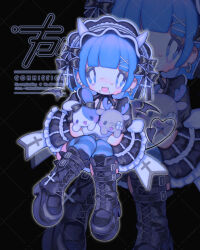 1girl black_background black_boots black_dress blue_eyes blue_hair blue_thighhighs boots commission demon_girl demon_horns demon_tail dress ear_piercing highres holding holding_stuffed_toy horns jacket looking_at_viewer naco_artworks open_clothes open_jacket original piercing solo striped_clothes striped_thighhighs stuffed_toy tail thighhighs watermark zoom_layer