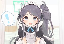 Rule 34 | !, 1girl, absurdres, apron, aqua halo, aris (blue archive), aris (maid) (blue archive), black dress, black hair, blue archive, blue eyes, blue ribbon, blurry, blurry background, dress, halo, highres, looking at viewer, maid, maid apron, maid headdress, mikatsuki (vcjr4785), official alternate costume, official alternate hairstyle, open mouth, ponytail, ribbon, short sleeves, solo, spoken exclamation mark