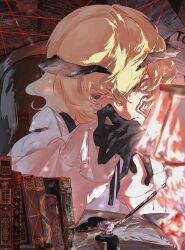 1boy black_gloves blonde_hair blue_eyes book colored_eyelashes elbow_on_table frilled_sleeves frills gloves highres ink inkwell lamp long_sleeves looking_to_the_side louis_(metaphor:_refantazio) male_focus metaphor:_refantazio shirt sideways_glance sitting solo table upper_body white_shirt zero85727146