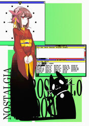 1.0-tan 1girl absurdres alt_text black_cat brown_hair cat clock commentary dos_cat english_commentary flower hair_flower hair_ornament hairband highres japanese_clothes kimono long_sleeves looking_at_viewer microsoft_windows orange_eyes os-tan red_kimono short_hair solo_focus teku-a-fool wide_sleeves window_(computing) windows_1.0
