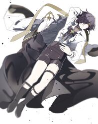 Rule 34 | 1boy, black bow, black bowtie, black choker, black coat, black hair, black shorts, black socks, bow, bowtie, choker, closed mouth, coat, collared shirt, commentary request, datenshi no fu, despair god morroc, frown, full body, hair between eyes, hair over one eye, highres, long bangs, looking at viewer, male focus, orange eyes, ragnarok masters, ragnarok online, shirt, short hair, shorts, simple background, socks, solo, thigh strap, unworn coat, white background, white shirt