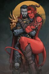 1boy 1girl absurdres armor baldur&#039;s_gate baldur&#039;s_gate_3 beard black_hair blue_eyes boots broken_horn brown_eyes brown_footwear colored_skin crossed_arms dark_elf demon_tail devilhs dungeons_&amp;_dragons elf facial_hair grey_skin heterochromia high_heel_boots high_heels highres horns karlach looking_at_viewer pauldrons pointy_ears red_skin short_hair shoulder_armor signature spiked_pauldrons tail tav_(baldur&#039;s_gate) tiefling yellow_eyes