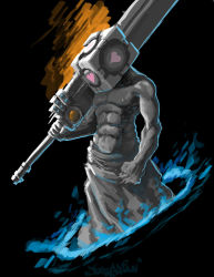 1boy aperture_science_weighted_companion_cube black_background block_(object) cubic_head eggy faceless faceless_male fusion heart huge_weapon male_focus manly muscular parody portal_(object) portal_(series) portal_1 pyramid_head silent_hill silent_hill_(series) simple_background solo standing sword valve weapon what