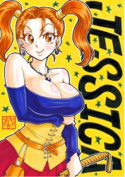 1girl bare_shoulders breasts brown_eyes brown_hair cleavage collarbone corset cowboy_shot dragon_quest dragon_quest_viii dress earrings gengoro_akemori jessica_albert jewelry large_breasts long_hair looking_at_viewer necklace off_shoulder purple_shirt shirt smile solo strapless strapless_dress twintails whip