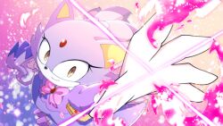 1girl animal_ears blaze_the_cat blaze_the_cat_(magical_girl) bow cat_ears cat_girl cat_tail commentary_request forehead_jewel from_above furry furry_female gloves highres keruneeei looking_at_viewer looking_up magical_girl outstretched_hand pink_bow ponytail purple_fur purple_hair solo sonic_(series) sonic_speed_simulator tail white_gloves yellow_eyes
