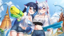 Rule 34 | 2girls, animal ear fluff, black hair, black shirt, blue eyes, blue hair, braid, breasts, crop top, denim, denim shorts, heterochromia, highres, holding, holding water gun, jacket, littleloli, medium breasts, midriff, multicolored hair, multiple girls, navel, open clothes, open jacket, open mouth, original, purple hair, red eyes, shirt, shorts, smile, songkran, temple, thailand, water gun, white hair, white jacket, white shirt