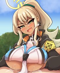Rule 34 | + +, 1girl, areola slip, armband, blonde hair, blue archive, blush, breast hold, breasts, cameltoe, clothed female nude male, cum, cum on body, cum on breasts, cum on upper body, dark-skinned female, dark skin, green eyes, halo, highres, jacket, large breasts, looking at viewer, midriff, nail polish, nude, open mouth, outdoors, paizuri, paizuri under clothes, pants, ponytail, shinon (blue archive), smile, solo, star-shaped pupils, star (symbol), symbol-shaped pupils, underboob, vadaboob