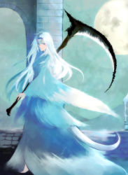 1girl arch astronotus barefoot dark_souls_(series) dark_souls_i dragon_girl dragon_horns dragon_tail dress expressionless female_focus from_side fromsoftware full_body full_moon green_eyes holding holding_weapon horns long_hair looking_at_viewer looking_back looking_to_the_side moon priscilla_the_crossbreed scythe snowing solo standing tail weapon white_dress white_hair wide_sleeves