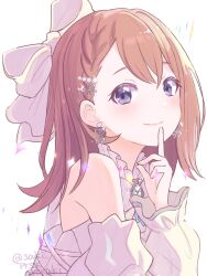 1girl bare_shoulders bow braid brown_hair closed_mouth detached_sleeves dot_nose dress earrings eyelashes finger_to_mouth fingernails flower_earrings frilled_sleeves frills glint grey_eyes hair_behind_ear hair_between_eyes hair_bow hair_ornament hanasato_minori hand_up highres index_finger_raised jewelry light_blush light_particles light_smile looking_at_viewer medium_hair project_sekai puffy_sleeves ribbon saki_prskoekaki simple_background smile solo sparkle swept_bangs twitter_username upper_body white_background white_bow white_ribbon