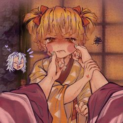 2boys agatsuma_zenitsu blonde_hair blush bow crying crying_with_eyes_open frown gh0sttnacht hair_ribbon highres japanese_clothes kimetsu_no_yaiba kimono lipstick long_sleeves makeup male_focus multiple_boys pov ribbon short_hair smile tears thick_eyebrows uzui_tengen