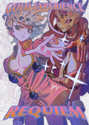 1boy 1other aqua_eyes blonde_hair bug character_name cleavage_cutout clothing_cutout cowboy_shot earrings film_grain foreshortening giorno_giovanna gold_experience_requiem heavy_film_grain highres insect jacket jewelry jojo_no_kimyou_na_bouken ladybug ladybug_ornament looking_at_viewer male_focus pants pectoral_cleavage pectorals pink_jacket pink_pants reaching reaching_towards_viewer simple_background sparkle stand_(jojo) stud_earrings tami_tome_mo vento_aureo victory_rolls