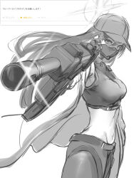 1girl baseball_cap blue_archive breasts gun halo hat japanese_text long_hair marulire medium_breasts monochrome navel saori_(blue_archive) simple_background solo twitter weapon white_background