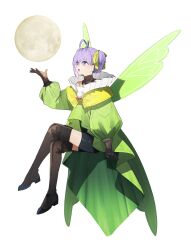 1girl absurdres antenna_hair black_shorts boots brown_gloves dress fairy_wings fate/grand_order fate_(series) full_moon gloves green_dress hair_ribbon highres kazuradrop_(fate) moon murian_(fate) ninjin_(ne_f_g_o) open_mouth purple_hair ribbon short_hair shorts thigh_boots wings