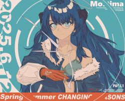 Rule 34 | 1girl, absurdres, ahoge, alternate costume, aqua background, arknights, black hair, blue eyes, blue hair, bra, breasts, chinese commentary, cigarette, collarbone, commentary request, english text, fur-trimmed jacket, fur trim, gloves, grey bra, halo, hand up, highres, holding, holding cigarette, jacket, ligne claire, looking at viewer, mixed-language commentary, mostima (arknights), open clothes, open jacket, partially undressed, red gloves, sidelocks, single bare shoulder, small breasts, smile, smoking, solo, split mouth, sxxr7352, traditional halo, underwear, upper body