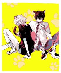 2boys animal_ears black_hair black_pants black_shirt blonde_hair bracelet cat_boy cat_ears cat_tail hair_between_eyes highres holding jewelry knees_up male_focus multiple_boys original pants paw_print paw_print_background qyzhiaiyisheng sandals shirt shoes short_hair short_sleeves sitting smile sneakers t-shirt tail white_pants white_shirt yellow_background
